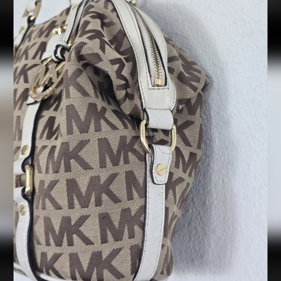 Michael Kors Handbag Bedford Women Medium Logo Satchel Jacquard Beige - Picture 11 of 14